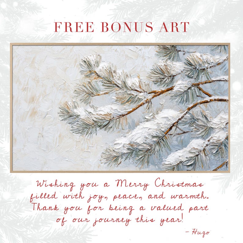 Puede incluir: Una rama de pino cubierta de nieve sobre un fondo blanco. El texto "Wishing you a Merry Christmas filled with joy, peace, and warmth. Thank you for being a valued part of our journey this year! - Hugo" est&aacute; escrito debajo de la imagen.
