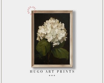 Hydrangea Painting | Vintage Flower Print | Dark Moody Antique Botanical Art | Wall Art PRINTABLE Vintage Home Decor Still Life Painting P01