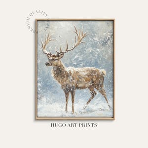 Reindeer Wall Art Print, Forest Snowfall in Winter Printable Christmas Home Decor, Digital Download, Holiday Home Decor Reindeer Poster P307