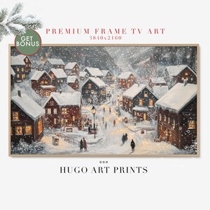 Frame tv-kunst, besneeuwd winterdorp, vintage kerstschilderij voor tv, decor boerderijvakantie, Samsung Frame tv-kunst, gezellige vakantiekunst TV508