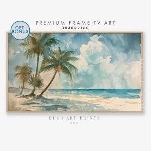 May include: A watercolor painting of a tropical beach scene with palm trees, blue sky, and white sand. The painting is framed in a light wood frame.