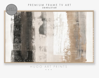 Pode incluir: Impressão de arte abstrata com pinceladas marrons, bege e brancas em uma textura de tela. A impressão é emoldurada em uma moldura de madeira clara. O texto "HUGO ART PRINTS" está na parte inferior da imagem.