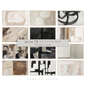 May include: Set of 12 abstract neutral modern frame TV art prints in black, white, and brown. The prints feature geometric shapes and lines.