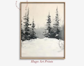 Printable Christmas Wall Art, Farmhouse Christmas Tree Print, Winter Forest Vintage Painting, Country Christmas Decor, Digital Download P317