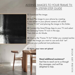 May include: A step-by-step guide on how to add images to your Samsung Frame TV. The guide includes instructions on downloading the image, creating a folder on your phone, connecting the SmartThings app, and choosing the image you want to use. The guide also includes a note about reaching out for additional assistance.