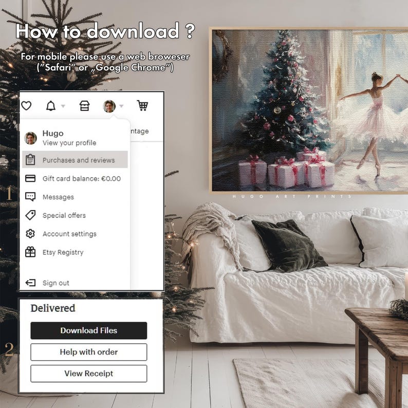 Puede incluir: Una captura de pantalla de una pantalla de ordenador que muestra una p&aacute;gina de descarga digital para una compra de Etsy. La p&aacute;gina incluye un bot&oacute;n para descargar archivos, un bot&oacute;n para obtener ayuda con el pedido y un bot&oacute;n para ver el recibo. La p&aacute;gina tambi&eacute;n incluye un men&uacute; con opciones para ver el perfil del usuario, las compras, los mensajes y la configuraci&oacute;n de la cuenta.