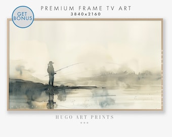 Samsung Frame Tv Art | Watercolor Painting of Fisherman | Lake Tv Art | Digital Download | Rustic House | Summer Samsung TV Frame Art TV099