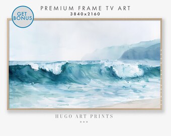 Samsung Frame TV Art Summer Abstract Ocean Waves Seascape Instant Digital Download Beach Painting, Blue Cool Toned Watercolor Screensaver TV