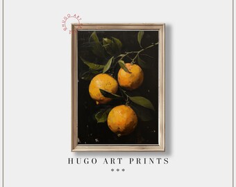 May include: A framed painting of three oranges on a branch with green leaves against a dark background. The oranges are yellow and orange, and the leaves are a deep green. The painting is in a simple, white frame.
