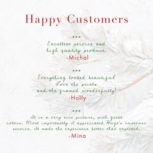 Puede incluir: Texto "Happy Customers" con tres testimonios de clientes. El primer testimonio dice "Excelente servicio y producto de alta calidad." El segundo testimonio dice "&iexcl;Todo se ve&iacute;a hermoso! Me encantan las impresiones y el marco es maravilloso!" El tercero dice "Es una imagen muy bonita, con colores estupendos. Lo m&aacute;s importante es que apreci&eacute; el servicio al cliente de Hugo. Hizo que la experiencia fuera mejor de lo esperado."