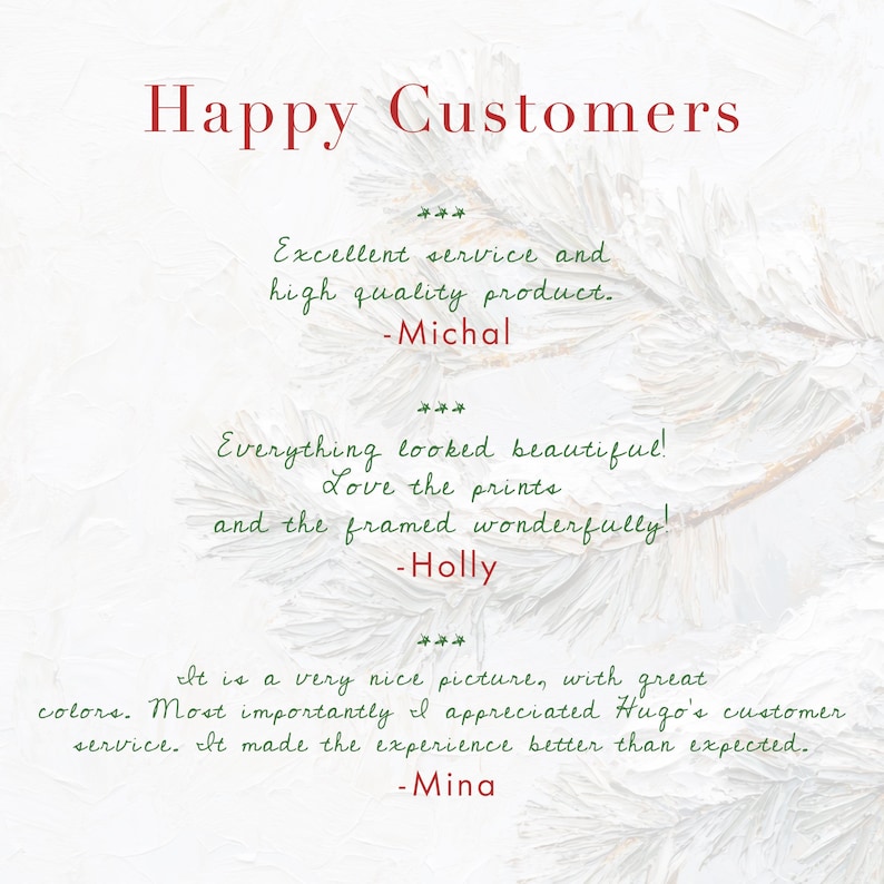 Puede incluir: Texto "Happy Customers" con tres testimonios de clientes. El primer testimonio dice "Excelente servicio y producto de alta calidad." El segundo testimonio dice "&iexcl;Todo se ve&iacute;a hermoso! Me encantan las impresiones y el marco es maravilloso!" El tercero dice "Es una imagen muy bonita, con colores estupendos. Lo m&aacute;s importante es que apreci&eacute; el servicio al cliente de Hugo. Hizo que la experiencia fuera mejor de lo esperado."