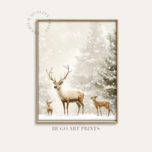 WINTER Wall Art Print, Forest Snowfall in Winter Printable Christmas Home Decor, Digital Download, RUSTIC Home Decor Reindeer Poster P330