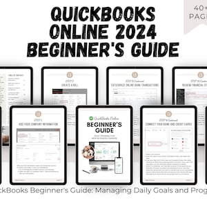 May include: A guide for new business owners on how to use QuickBooks Online in 2024. The guide includes 40+ pages of instructions and screenshots. The guide covers topics such as creating a bill, categorizing online bank transactions, reviewing financial statements, connecting your bank and credit cards, and creating invoices.