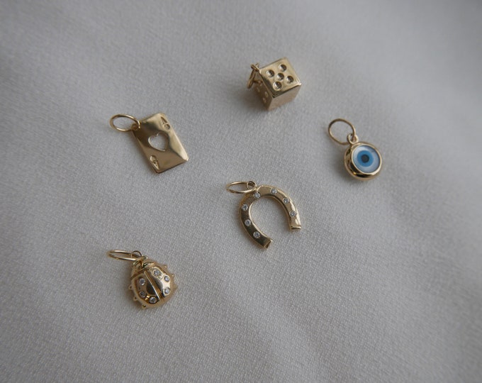 Solid 14k Gold Charms- Ace Card, Dice, Ladybug, Horseshoe, Evil Eye