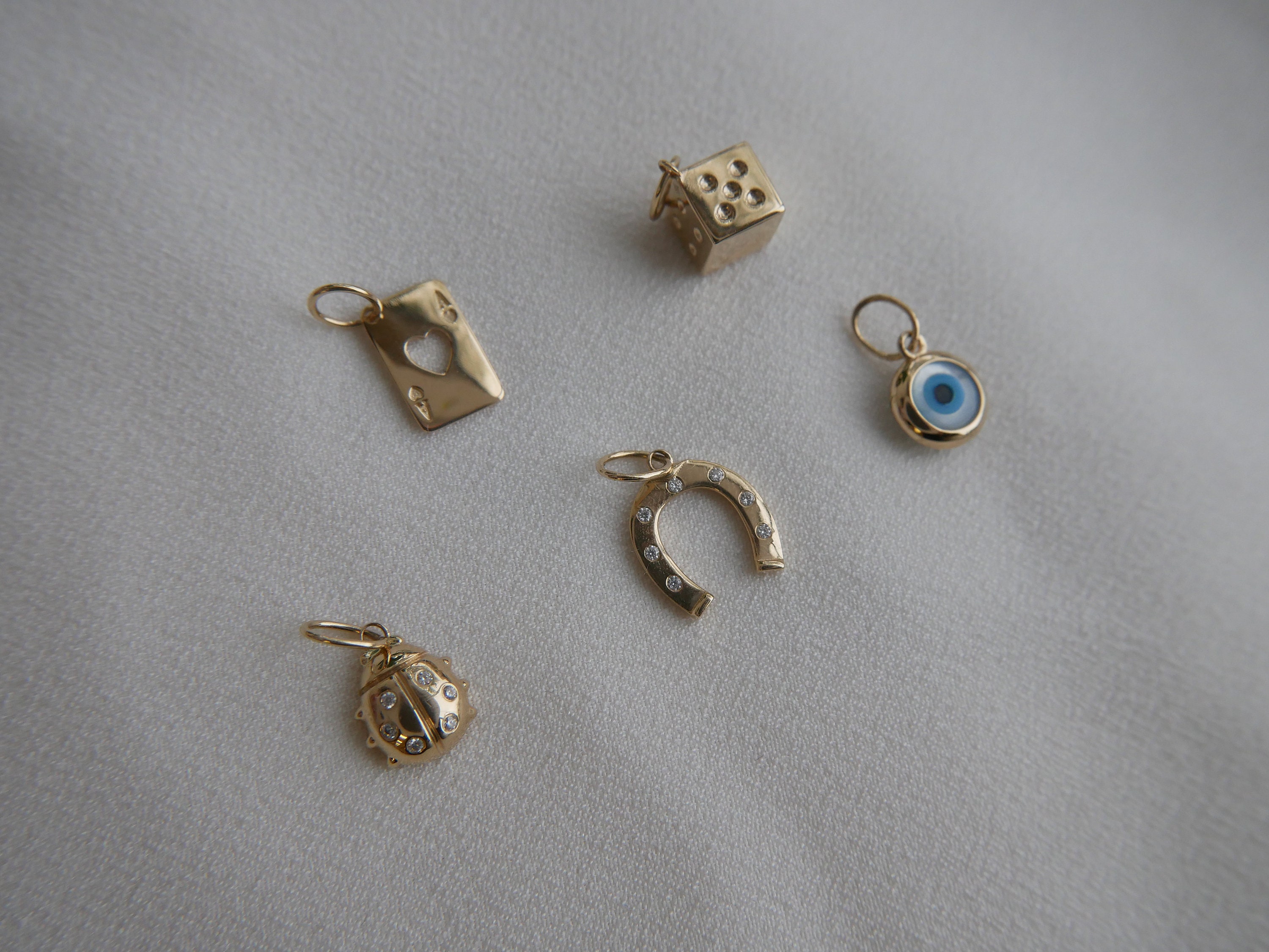 Solid 14k Gold Charms- Playing Card, Dice, Ladybug, Horseshoe, Evil Eye