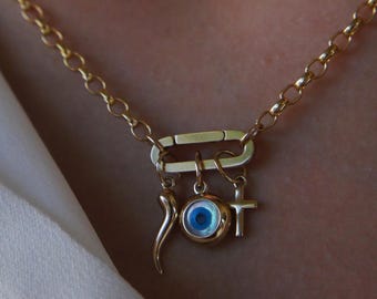 Charm Cornicello de oro macizo de 14k, mal de ojo, cruz