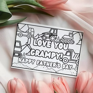 Fête des pères, fête des pères, coloriage imprimable avec camions de construction, cadeau fait main pour grand-père, étape numérique PDF, impression de fichier PNG grand-père