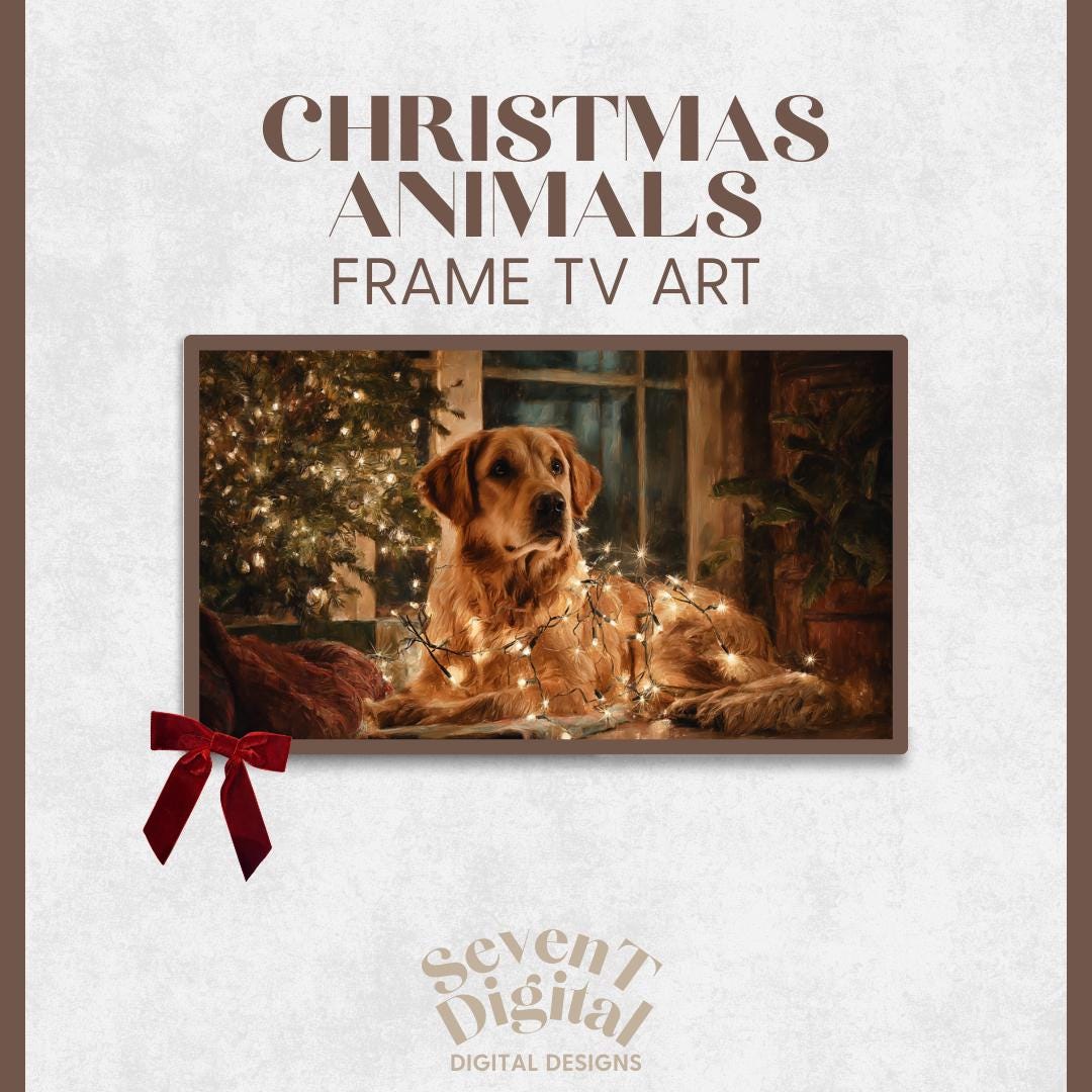 Christmas Golden Retriever Frame TV Art, Wrapped in Lights (digital ...
