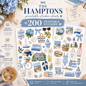 May include: Two sheets of printable stickers featuring a Hamptons coastal theme. Designs include a sailboat, lighthouse, beach house, blue bicycle, seashells, hydrangeas, striped beach bag, sandals, and text labels like Beach House and Rose All Day.