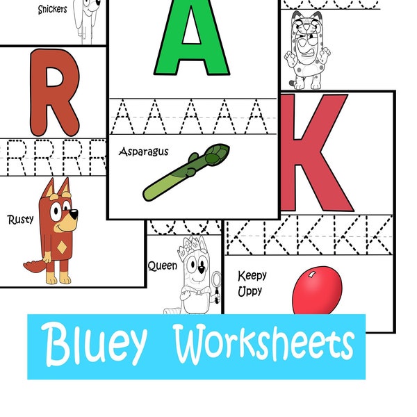 Bluey Children Alphabet Tracing/Coloring Worksheet Digital Printing