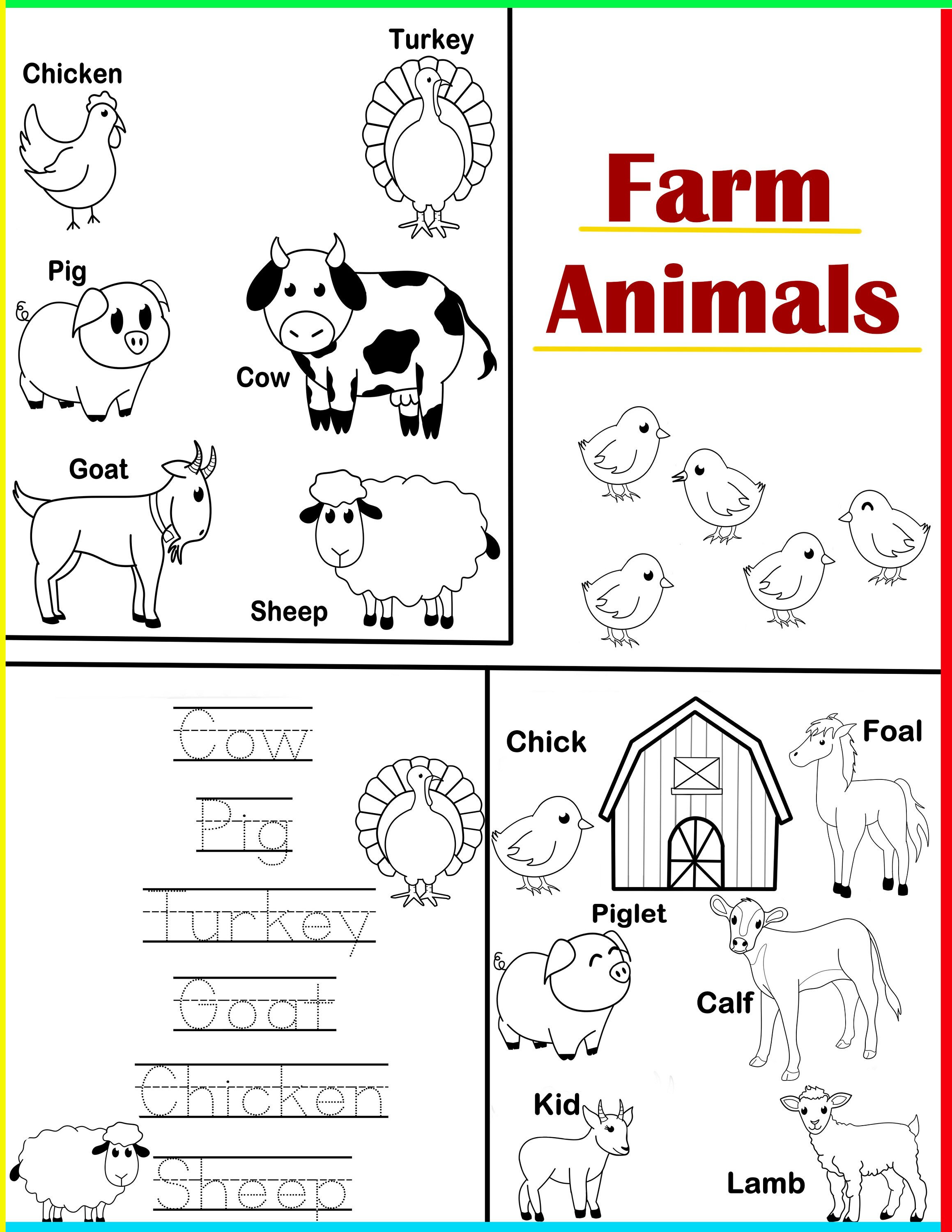 Farm Animals Coloring and Tracing Worksheets for Children's Learning