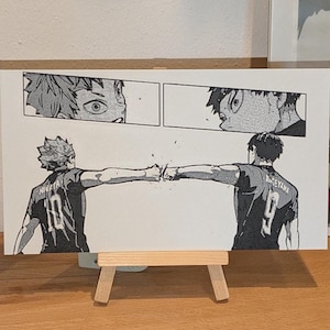 Haikyuu 3D Manga Panel | Hinata & Kageyama Fist Bump | Handgemachte Anime Wandkunst, Beachvolleyball Geschenk, Staffelei aus Holz, 11 x 20 cm