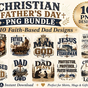 Puede incluir: Una colección digital de 10 diseños PNG cristianos para el Día del Padre con temas religiosos. Cada gráfico incluye texto, ilustraciones de cruces, montañas, leones y figuras en oración, presentados en una paleta de colores azul y oro.
