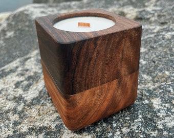 Unique handmade soy wax scented candle with wooden wick in wooden pot | Gift