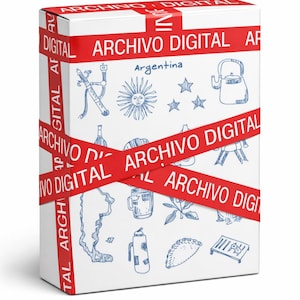Puede incluir: Una caja blanca con cinta roja con la inscripción "ARCHIVO DIGITAL" e ilustraciones de Argentina. La caja presenta dibujos lineales azules de un sol, estrellas, una tetera y otros símbolos argentinos.