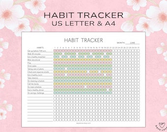 May include: A pink and white habit tracker with the text "HABIT TRACKER US LETTER & A4". The tracker includes a calendar for June and a list of habits to track, such as "Get up before 7:00 a.m." and "Walk 30 minutes."