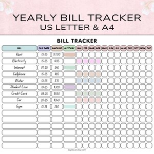 Jährliche Rechnung Zahlungs-Tracker Druckbarer Buchhaltungsplaner Ausgaben Checkliste Bill Zahlung Log Budget für Frauen Monatliche Ausgaben Tracker
