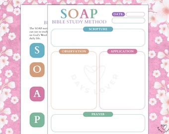 Modelo de estudo bíblico SOAP para impressão para grupo do ministério feminino, planejador de diário cristão, guia de escrituras, download digital da Bíblia do método SOAP
