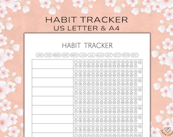 May include: A black and white printable habit tracker with a calendar layout for each month of the year. The tracker has 12 rows of circles for each month, with numbers 1-31 in each row. The text "HABIT TRACKER" is at the top of the page.