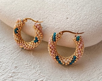 Double sided beige beaded hoop earrings Gold seed bead hoop earrings Ready to ship gift under 40 for mom