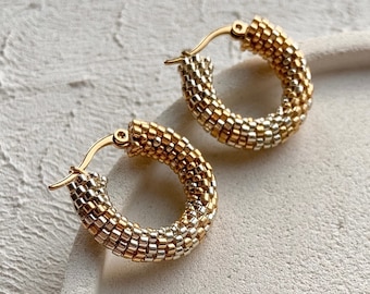 Gold silver ombre seed bead hoop earrings Gradient beaded hoop earrings Christmas gift for coworker women
