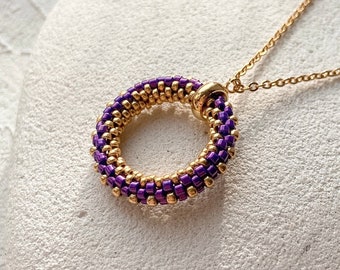 Dark purple seed bead necklace pendant as Christmas gift for coworker Gold aesthetic boho beaded choker Unique handmade beaded necklace