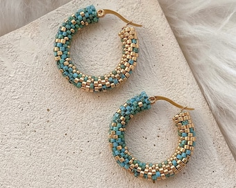 Turquoise ombre beaded hoop earrings Gold gradient seed bead hoop earrings Ready to ship gift for mom