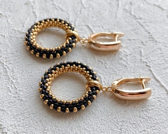 Black and gold seed bead dangle earrings Dangle round beaded earrings Ready to ship gift for mom