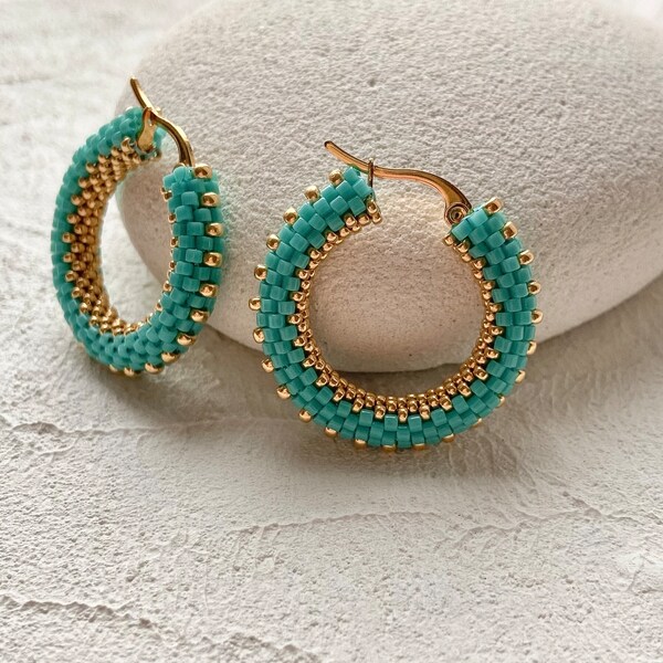 Turquoise beaded hoop earrings Gold seed bead hoop earrings Ready to ship gift for mom