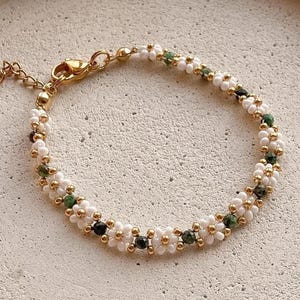 Armband med prästkragar i vitt guld, gröna blommor, justerbart, födelsedagspresent till henne