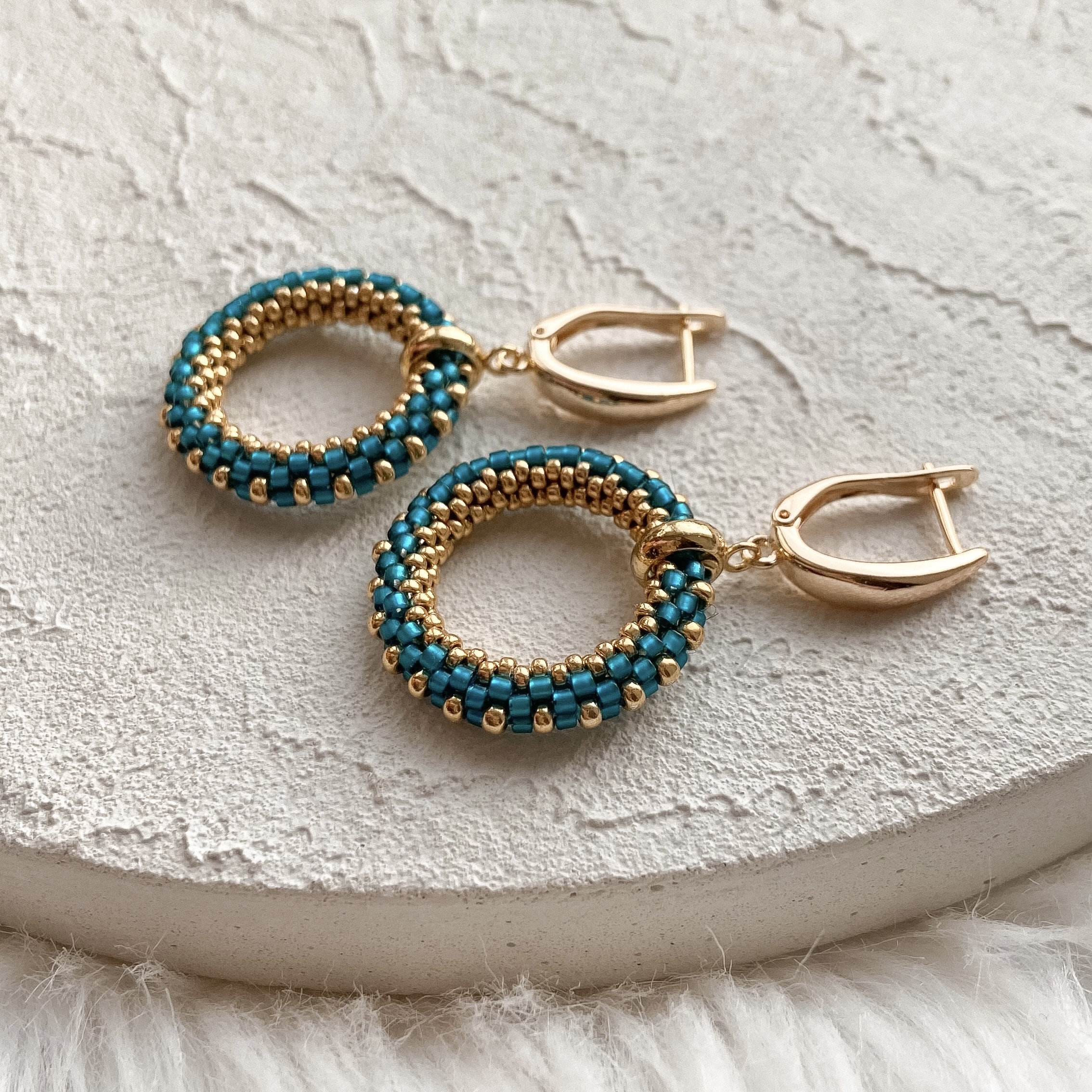 Aqua & gold seed bead dangle drop earrings as Christmas gift for best friend mom Handmade unique beaded hoops