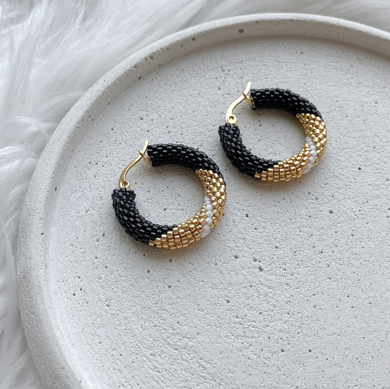 Unique Chunky Black Seed Bead Hoop Earrings Gold Beaded Hoop Earrings ...