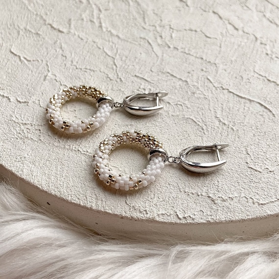 White Silver Ombre Seed Bead Dangle Drop Earrings Handmade