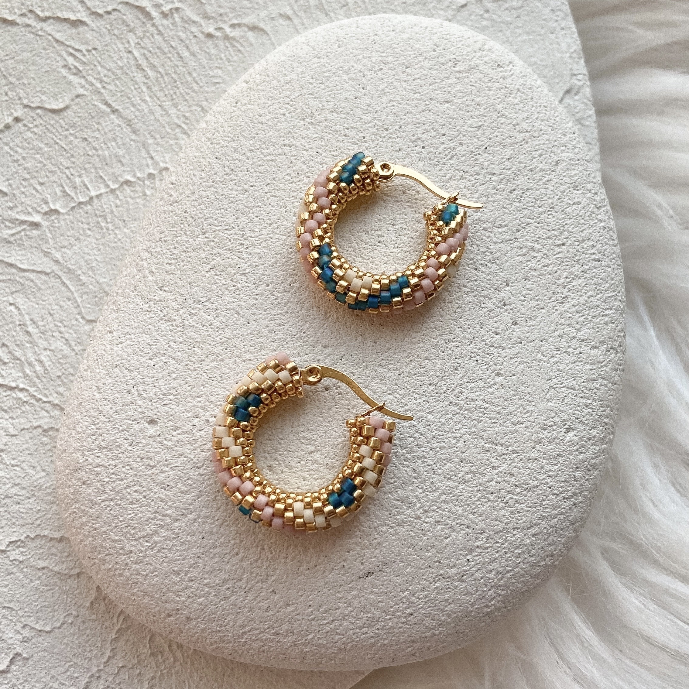 Beige - Handcrafted Bamboo Hoop Earrings with Beads