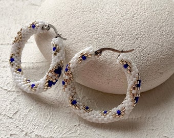 Beaded hoop earrings Ethnic Ukrainian ornament seed bead hoop earrings Ready to ship gift for mom