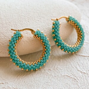 Turquoise beaded hoop earrings Gold seed bead hoop earrings Ready to ship gift for mom