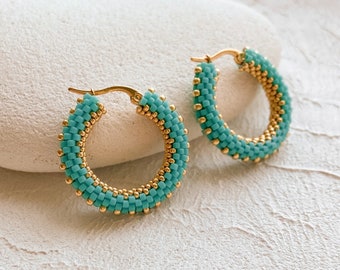Turquoise beaded hoop earrings Gold seed bead hoop earrings Ready to ship gift for mom