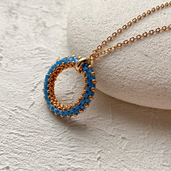 Blue seed bead pendant necklace Gold round beaded pendant Ready to ship gift under 30 for mom