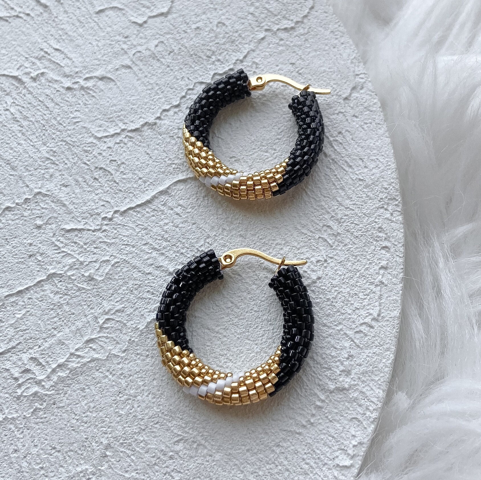 Unique Chunky Black Seed Bead Hoop Earrings Gold Beaded Hoop Earrings ...