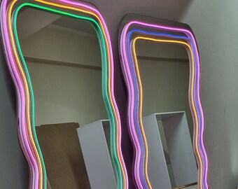 Wave Pattern Neon LED Full Length Mirror with Remote Control, Colorful Neon Full Length Mirror, Customizable Wavy Neon Full Length Mirror